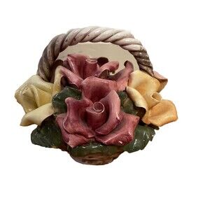 Capodimonte Porcelain Basket of Flowers Roses Italy Hand Painted Knick Knack